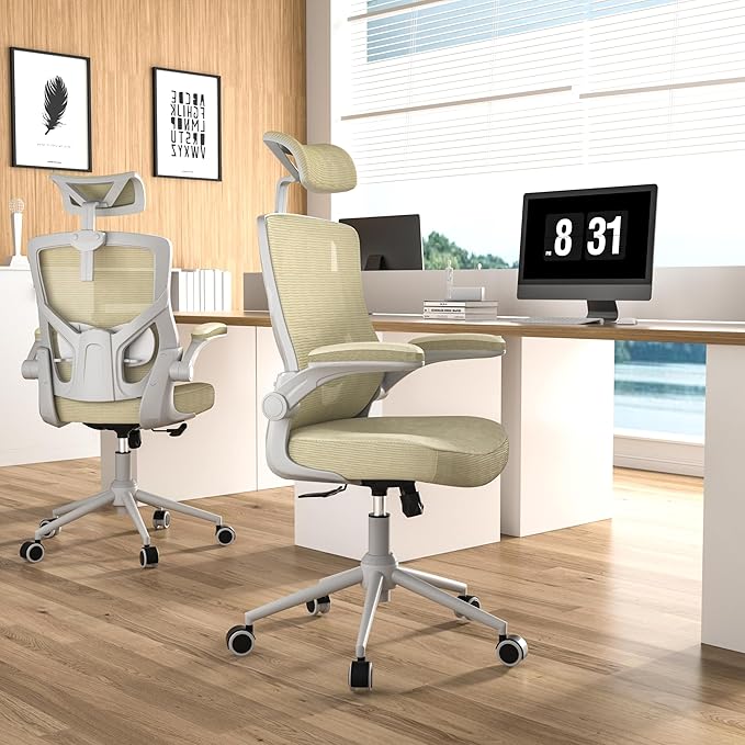 Ergonomic Office Chair with Adjustable Headrest & Lumbar Support - High Back Desk Chair with Flip-Up Arms, 360 Swivel Executive Computer Task Chair (Modern Beige)
