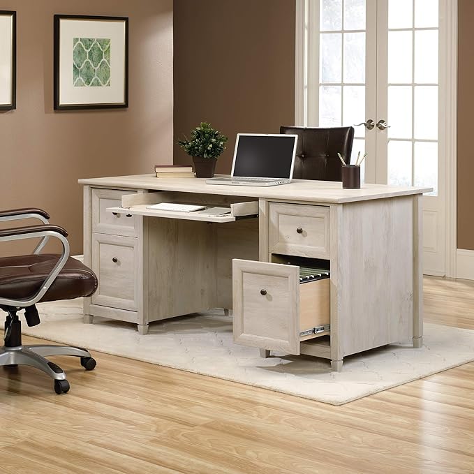 Sauder Edge Water Executive Desk, Chalked Chestnut, 65" Home Office Desk with Storage