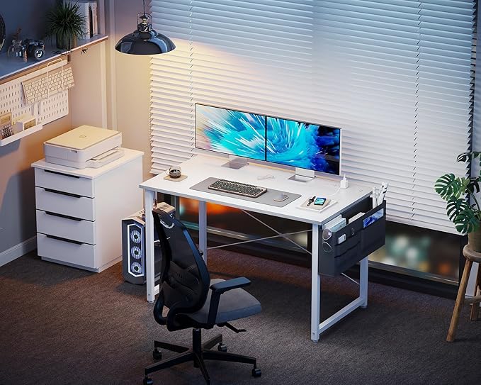 KKL Small Desk with Power Outlets and USB Port Computer Desk for Home Office Gaming Simple Modern Style Writing Desks with Storage Bag Headphone Hook, 40 inch, White