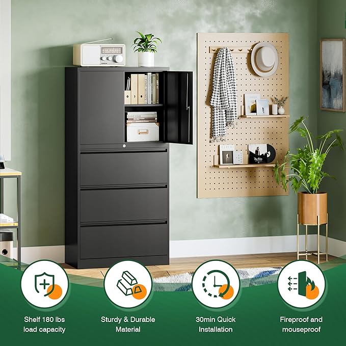 Letaya 3 Drawer Metal Storage Cabinets for Home Office,File Cabinet with Lock and 2 Adjust Shelves-Hang Filing Legal/Letter/A4/F4 Size(Black