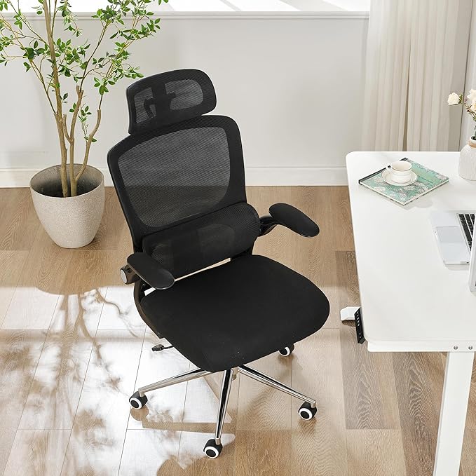 Ergonomic Office Chair,Home Mesh Office Desk Chairs,High Back Chair 330 LBS,Swivel Computer Task Chair with Adjustable Lumbar Support,Up&Down Flip-Up Arms,Rocking Function (Black)