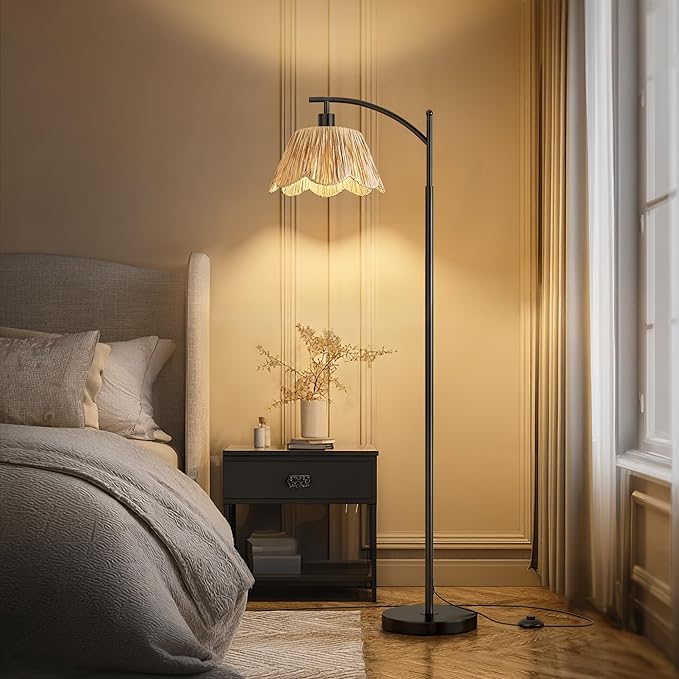 Oneach Arc Floor Lamp for Living Room,Rattan Boho Floor Lamp with Hand-Woven Shade, Foot Switch,Black Metal Base & Pole,Farmhouse Standing Lamp for Bedroom Corner,Reading