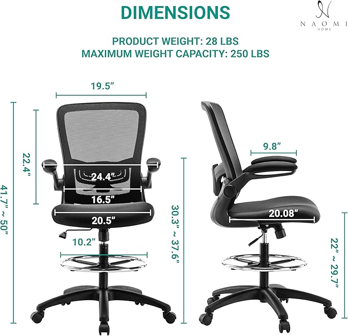Serena Ergonomic Mesh Drafting Chair - Adjustable, Breathable Mesh, Lumbar Support, Ergonomic and Height Adjustable Flip-Top Office Chair with Foot Ring and Productivity - Gray