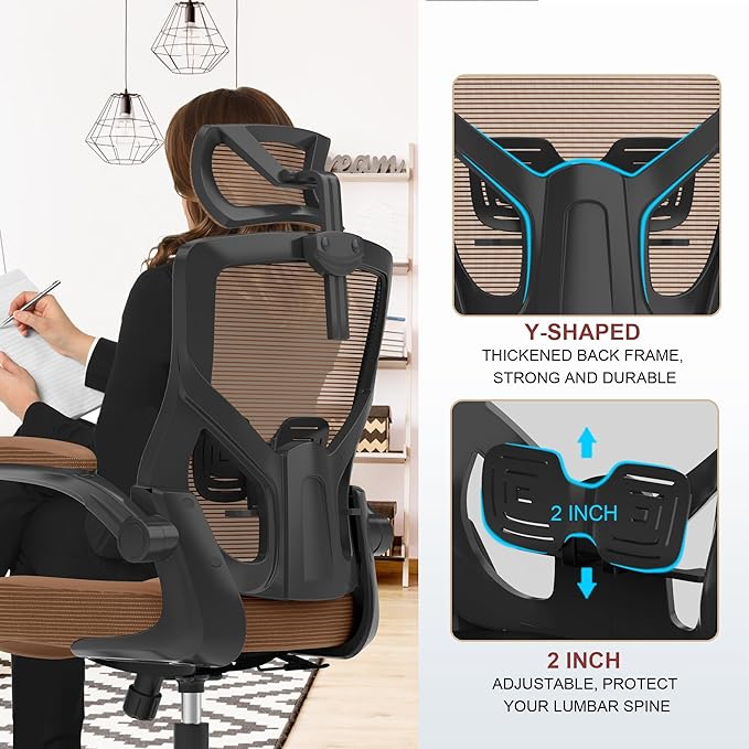 Home Office Chair, Ergonomic Comfy Desk Chair, High Back Computer Chair- Adjustable Headrest with Flip-Up Arms, Lumbar Support, Swivel Executive Task Chair (Mummy Brown, Modern)