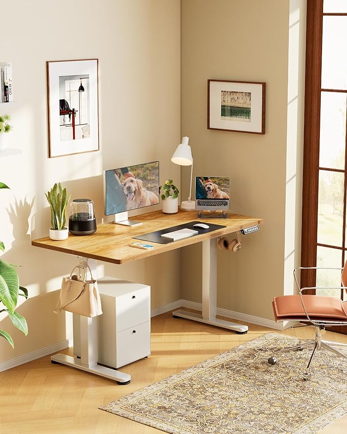 ErGear Height Adjustable Electric Standing Desk, 63 x 28 Inches Sit Stand up Desk, Large Memory Computer Home Office Desk with Two-Piece Desktop (Light Vintage Brown)