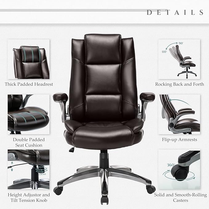 Leather Executive Office Chair - High Back Home Computer Desk Chair with Padded Flip-up Arms, Adjustable Tilt Lock, Swivel Rolling Ergonomic Chair for Adult Working Study, Brown