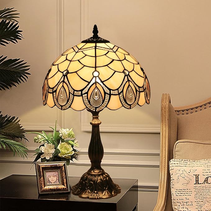 Tiffany Style End Side Table Lamps, Modern Bedside Nightstand Stained Glass with Crystal Large Farmhouse Table Lamp for Bedroom,Living Room Home Office Desk Lamp+LED Bulb,12X12X20INCH