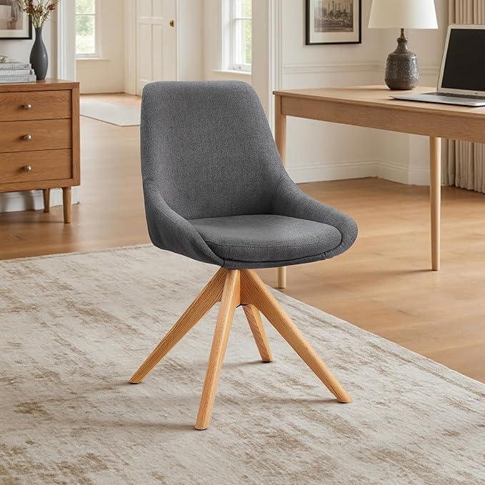 Art Leon Mid Century Modern Desk Chair No Wheels, Swivel Upholstered Armchair with Solid Wood Legs for Home Office, Fabric, Gray