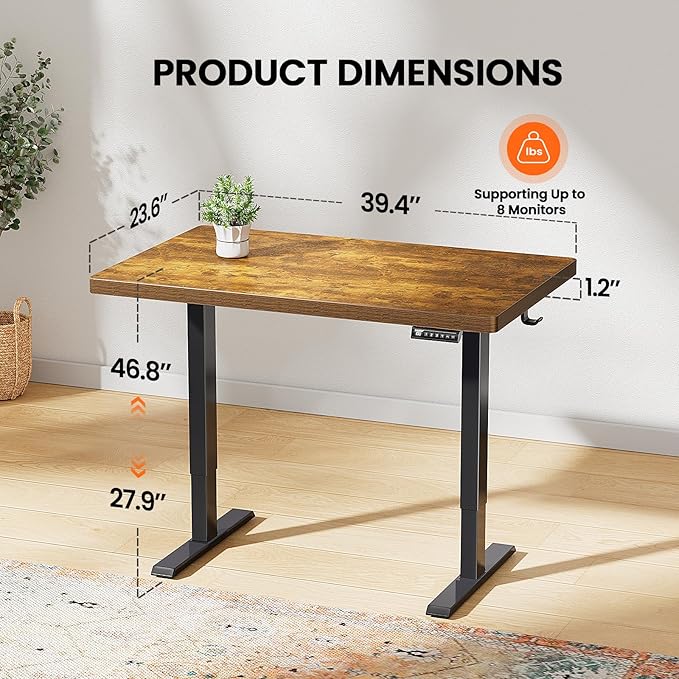 ErGear 40" x 24" Whole Piece Desktop Electric Standing Desk, Thick Height Adjustable Desk with 4 Height Memory, Home Office Computer Table with Cable Management Tray, Vintage Brown