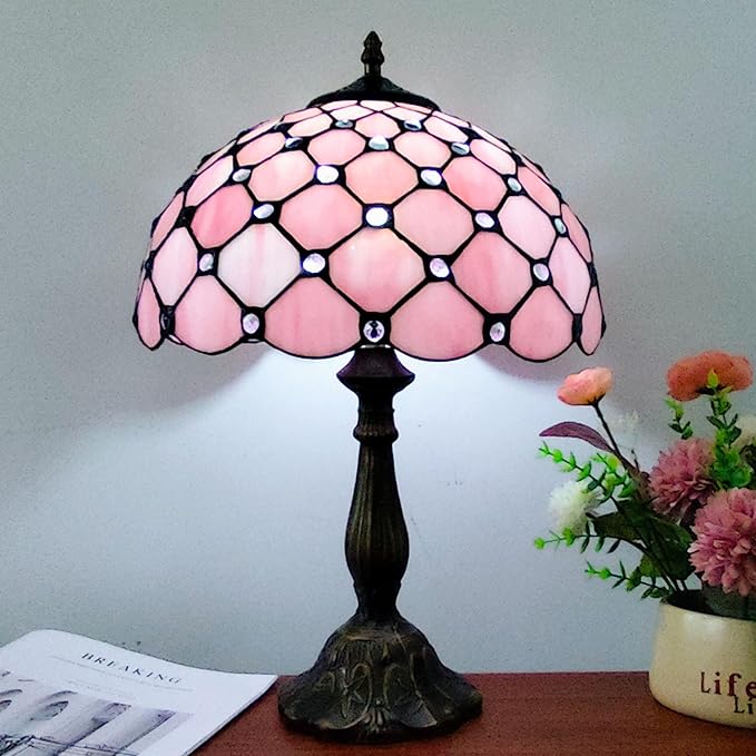 Tiffany Lamp Stained Glass Table Lamp Antique Bedside Desk Reading Light 3-Way Color LED Living Room Nightstand Light 12X12X19 Inches Home Office Desk Light Pink Pearls Style