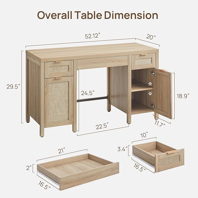 SICOTAS Rattan Executive Desk with Storage - 52" Large Home Office Desk with 3 Drawers and 2 Cabinets, Farmhouse Boho Computer Table Vanity Desk for Study, Office, Living Room, Light Oak