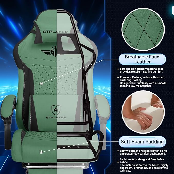 GTPLAYER Gaming Chair, Video Game Chairs with Footrest and Lumbar Support, Computer Chair for Adults with Extended Backrest, Ergonomic Reclining Silla Gamer, Fabric, Green