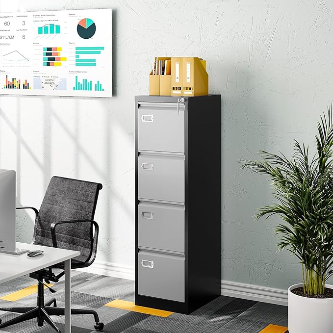 Metal Vertical File Storage Cabinet, 4 Drawer File Cabinet with Lock, 18" Deep Vertical Filing Cabinets for A4 Legal/Letter Size, Assembly Required (4 Drawer - Gray Black)