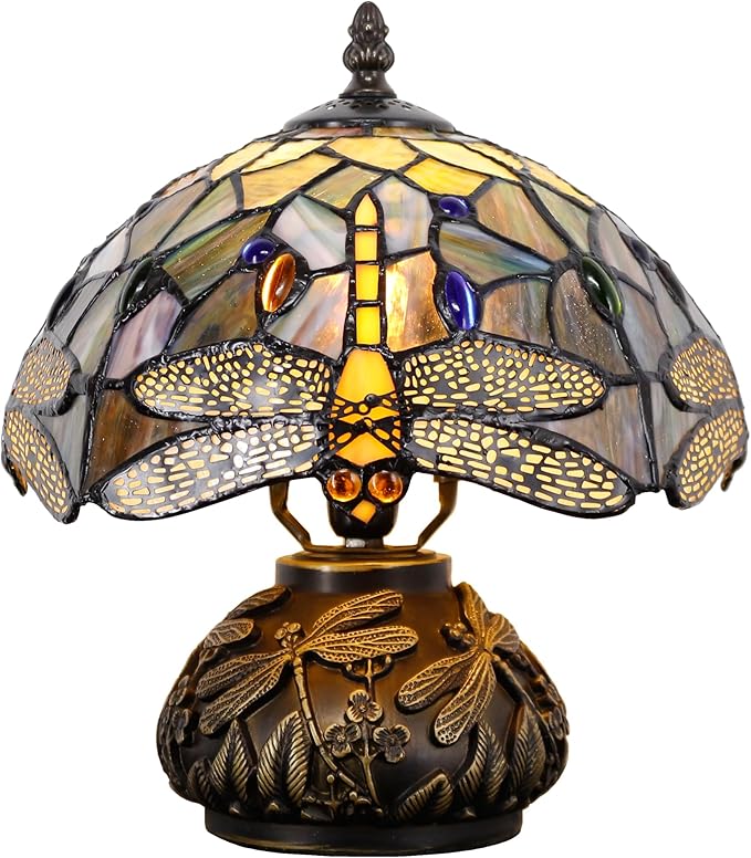 Small Tiffany Table Lamp Brown Dragonfly Style Stained Glass Desk Lamp 10X11.5 Inch Mushroom Table Light for Office Home Living Room Bedroom