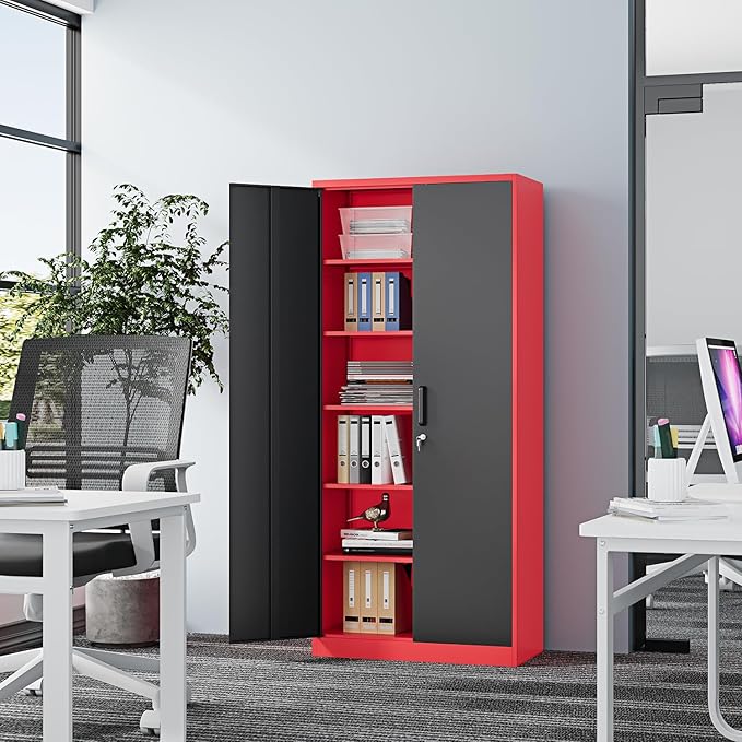 Metal Storage Cabinet-71” Tall Steel File Cabinets with Lockable Doors and Adjustable Shelves-Black&Red Steel Storage Cabinet for Home, School, Office, Garage