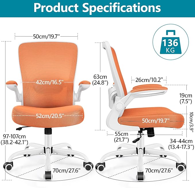 FelixKing Office Chair, Ergonomic Desk Chair Breathable Mesh Chairs Adjustable High Back Lumbar Support Flip-up Armrests, Executive Rolling Swivel Comfy Computer Chairs Home Office Sunset Orange