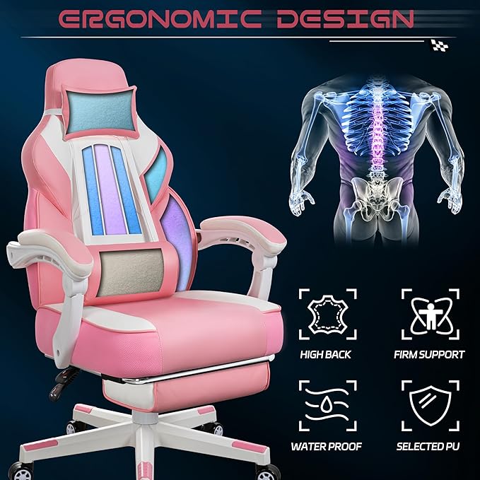 Meilocar Gaming Chair with Footrest, Video Game Chair for Adults Ergonomic Big and Tall Computer Chairs with Massage Lumbar Support 330lbs, 360° Swivel Seat (Pink)