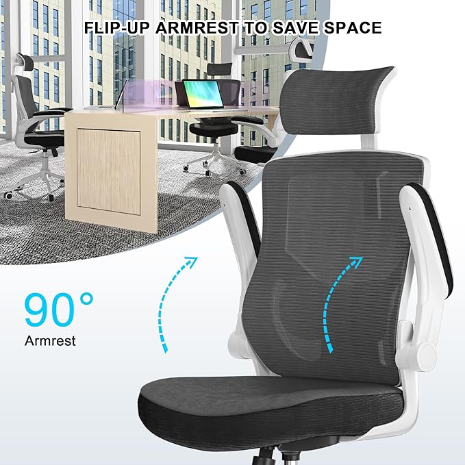 Ergonomic Office Chair with Adjustable Headrest & Lumbar Support - High Back Desk Chair with Flip-Up Arms, 360 Swivel Executive Computer Task Chair (Modern, Black-White Frame)