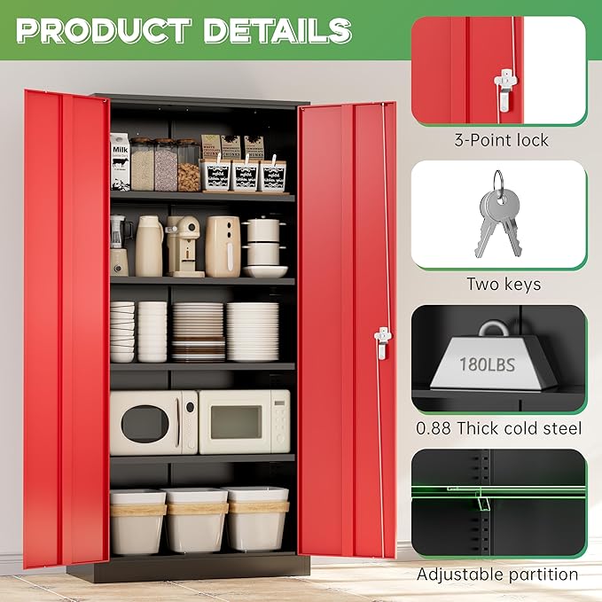 INTERGREAT Metal Storage Cabinet,72" Steel Lockable File Cabinet with Locking Doors and Adjustable Shelves,Locking Tool Cabinets for Office,Home,Garage,Gym,School (Black Red)