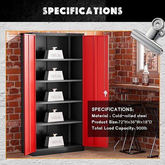 Greenvelly Metal Storage Cabinet with Doors and Adjustable Shelves,72" Black Red Locking Steel Garage Cabinet with Lock, Metal Tool Cabinets for Garage,Home Office,School