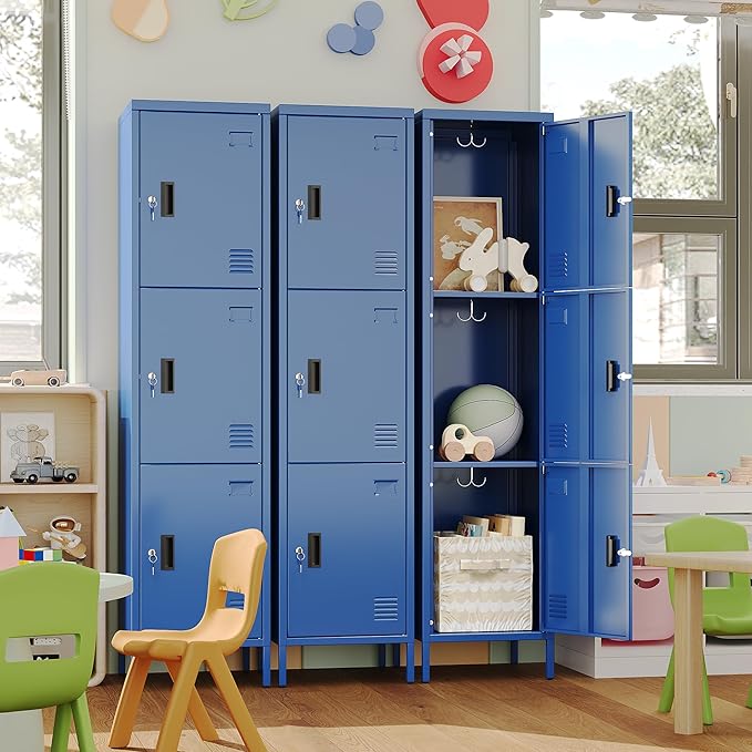 Metal Locker with Hooks and Ventilation Holes,Metal Storage Locker with Keys and Business Card Slof for Home,Gym,Garage,School,Office,66" H×15.75" W× 15.75" D,Assembly Required,Blue