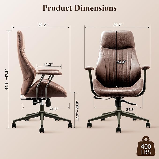 Mid Century Modren Office Chair - Fuax Leather Suede Brown Executive Chairs Ergonomic Mid Back with Lumbar Support, Swivel Computer Desk Task Chair with Wheels for Home Office (Dark Brown, Hign Back)