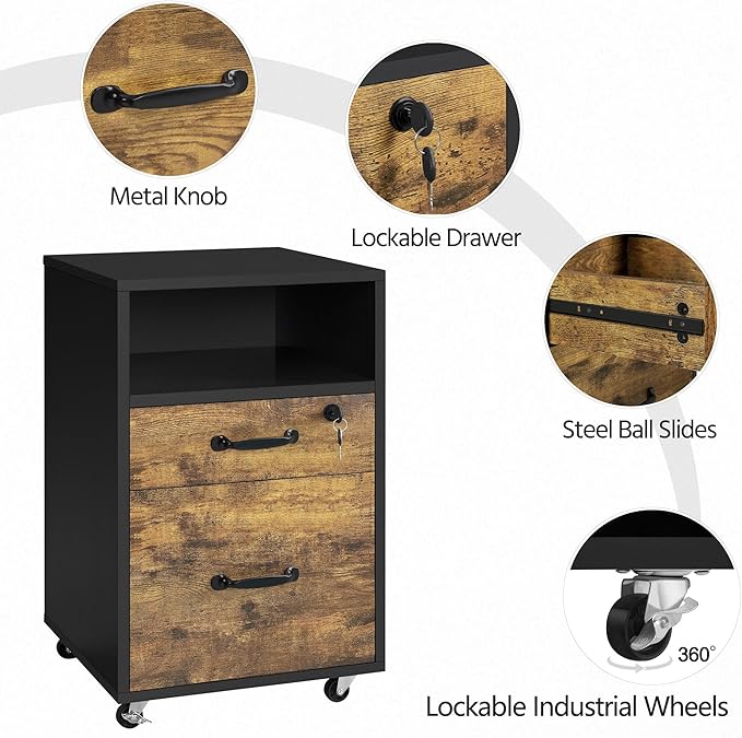 Yaheetech File Cabinet, Under Desk Vertical Cabinet With 2 Drawers and Open Compartment, Printer Stand with Lockable Wheels for A4 Letter Size Hangable File Folders for Home Office(Black/Rustic Brown)