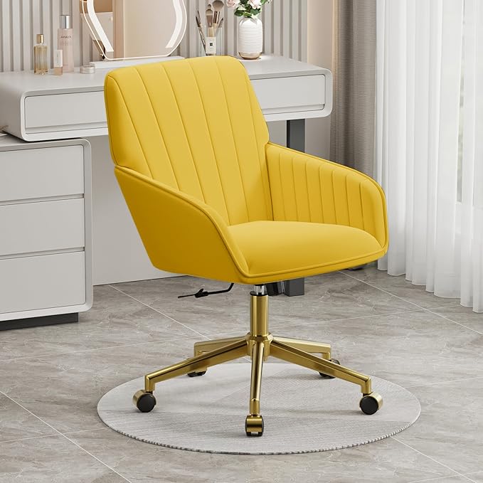 YISHENG Velvet Office Desk Chair with Gold Base, with Wheels,Modern Height Adjustable 360 Degree Swivel Upholstered Vanity Chairs with Arms for Living Room Bedroom.Yellow