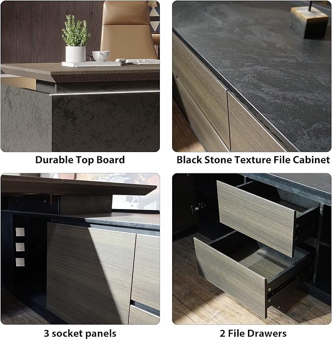 86.61IN Modern Executive Desk - Adjustable Height L-Shaped Executive Desk with Drawers & File Cabinet, Black Luxury Home Office Desk, Standing Desk Business Workstation with Universal Charging Ports