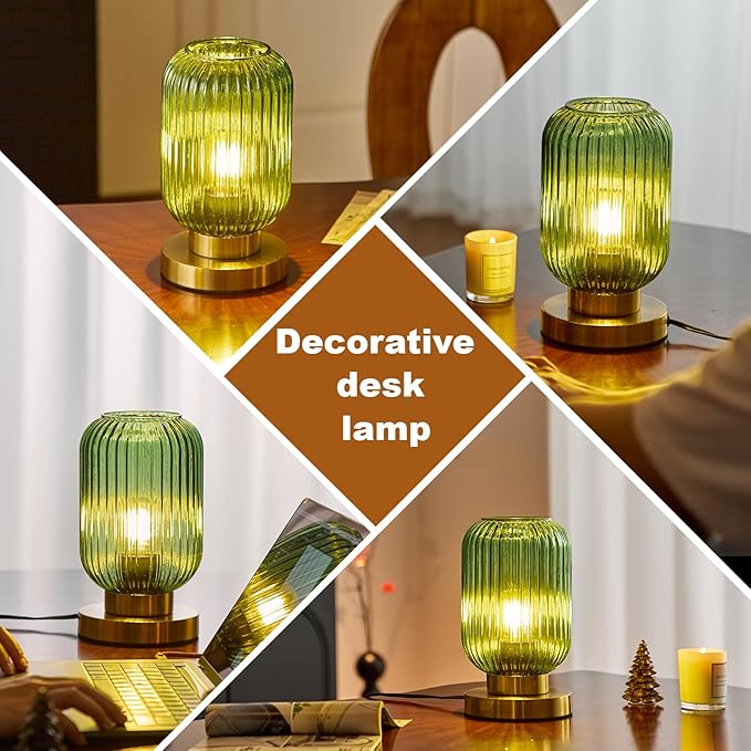 Modern Green Ribbed Glass Table Lamps Mid Century Bedside Light Small Nightstand Lamp with Plug-in Style, E26 Night Lighting for Bedroom Living Room Tabletop