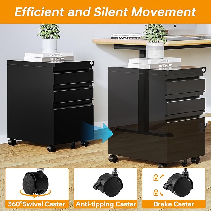 STANI 25" H 3 Drawer Mobile File Cabinet with Lock, Under Desk Metal Filing Cabinet, Locking Office Mobile Cabinet with Wheels, Letters/Legal/A4(Assembly Required Black)