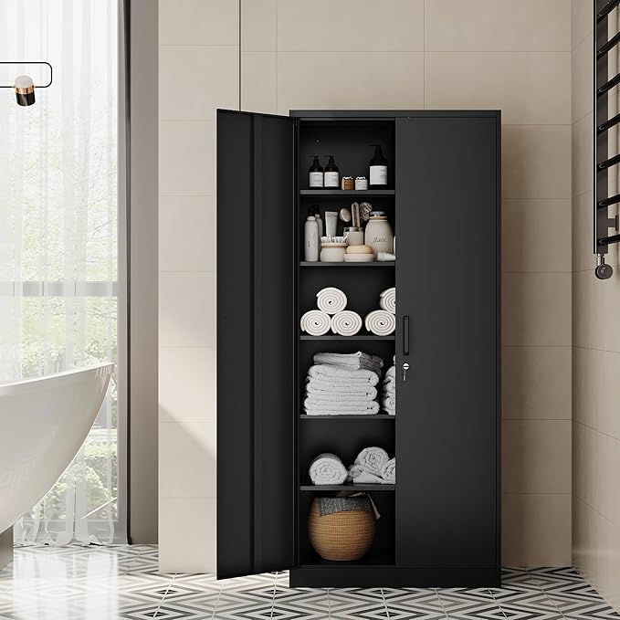 Metal Storage Cabinet-72” Tall Steel File Cabinet with Lockable Doors and Adjustable Shelves-Black Steel Storage Cabinet for Home, School, Office, Garage