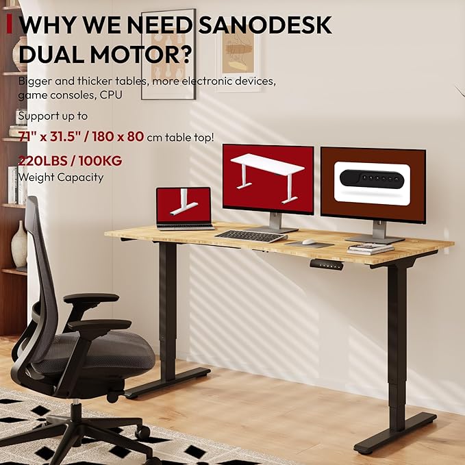 Standing Desk 3 Stages Dual Motor 60 inch Whole-Piece Real Bamboo Desktop Height Adjustable Desk for Home Office Stand Up (Black Frame/ 60" Curved Natural Bamboo Top)