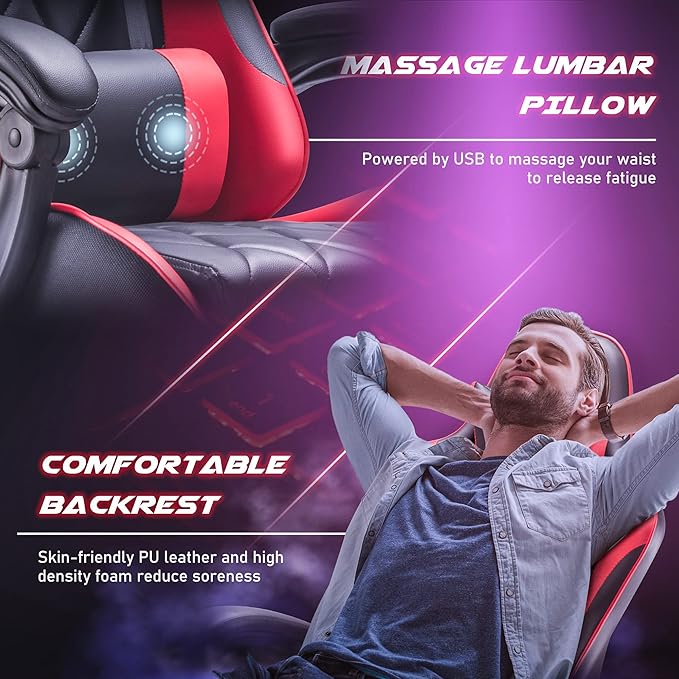 Homall Gaming Chair, Computer Chair with Footrest and Massage Lumbar Support, Ergonomic High Back Video Game Chair with Swivel Seat and Headrest (Red)