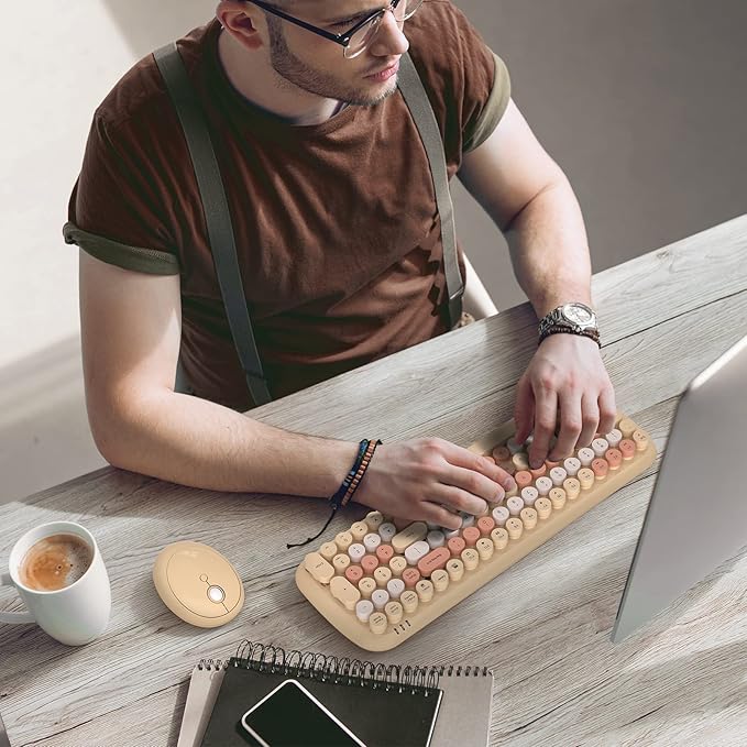Wireless Keyboard and Mouse Combo - GEEZER Pale Coffee Colorful Round Keycap Keyboard 100 Keys - USB 2.4G Receiver Plug Play Typewriter Keyboards for Windows, PC, Laptop, Desktop