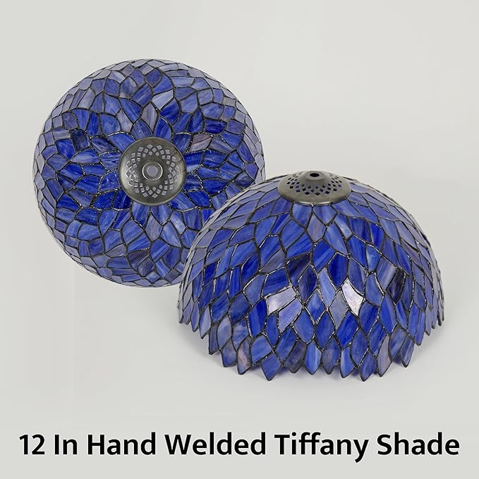 Tiffany Style Table Lamp Vintage Stained Glass Desk Lamp Deep Blue Purple Wisteria Bedside Reading Light Decor Bedroom Living Room Home Office D12 xH18