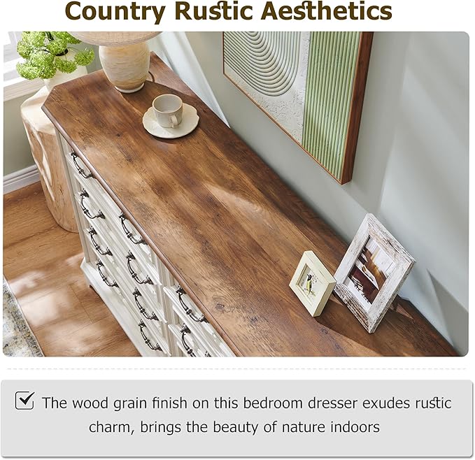 T4TREAM Farmhouse 8 Drawers Dresser for Bedroom, 54" Wide Wood Rustic Chest of Drawers with Natural Texture, Vintage Design, Storage Dressers Organizer for Bedroom, Living Room (Antique White)