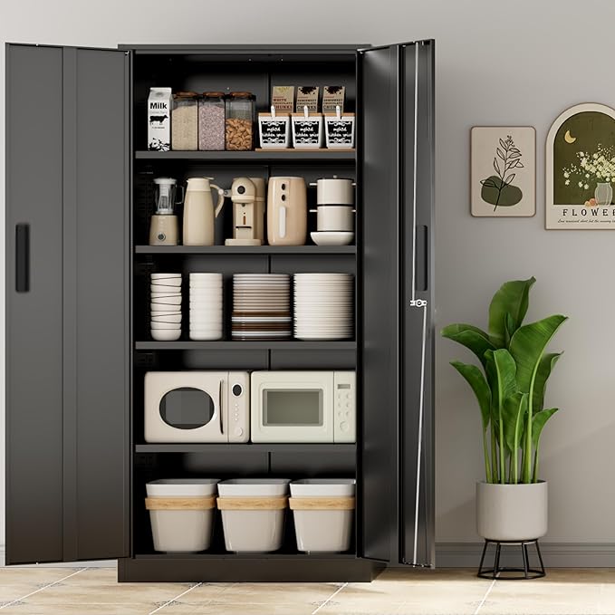 INTERGREAT 72-Inch Metal Storage Cabinet for Garage, Lockable Steel Cabinet with Doors and Adjustable Shelves, Black Locking Storage Unit for Office, Home, Gym, and School.