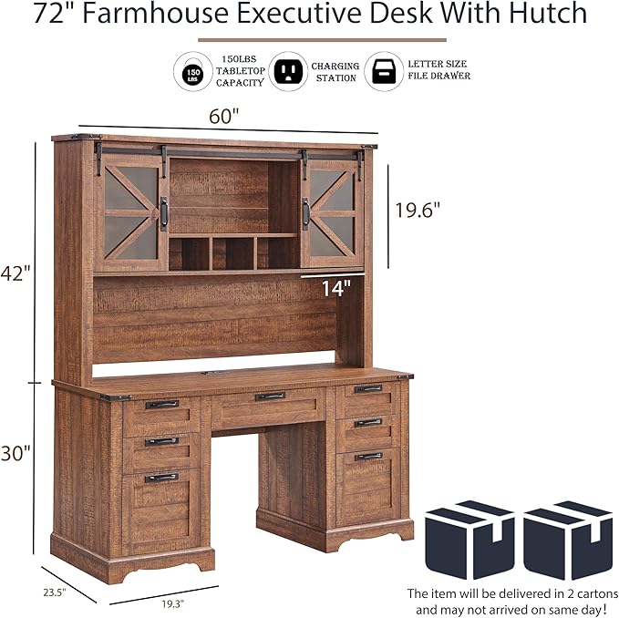 RedLemon 60" Farmhouse Desk with Hutch, Wood Home Office Executive Desk with Drawer, Charging Station, Keyboard Tray, File Drawer, Storage Cabinet, Rustic Writing Computer Desk (Reclaimed Barnwood)
