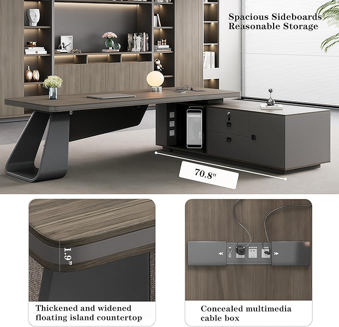 L Shaped Executive Desk, 78.7 inch Large Executive Computer Desk Set Drawers and Lockable, Power Socket and USB Port Storage, Without Display Racks and Bookshelves