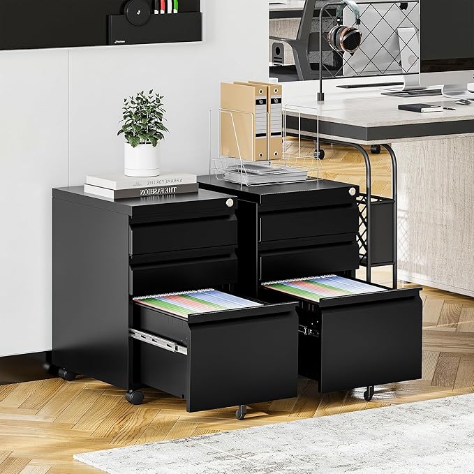 STANI 25" H 3 Drawer Mobile File Cabinet with Lock, Under Desk Metal Filing Cabinet, Locking Office Mobile Cabinet with Wheels, Letters/Legal/A4(Assembly Required Black)