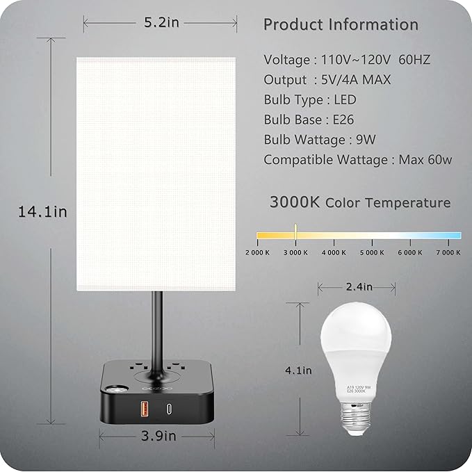Table Lamp Dimmable cozoo USB Bedside Table Desk Lamp with 2 USB Charging Port(A+C) 2 Outlet,Nightstand Lamp with Charger Base White Fabric Shade,LED Touch Lamp for Bedroom/LivingRoom/Dorm/Home Office