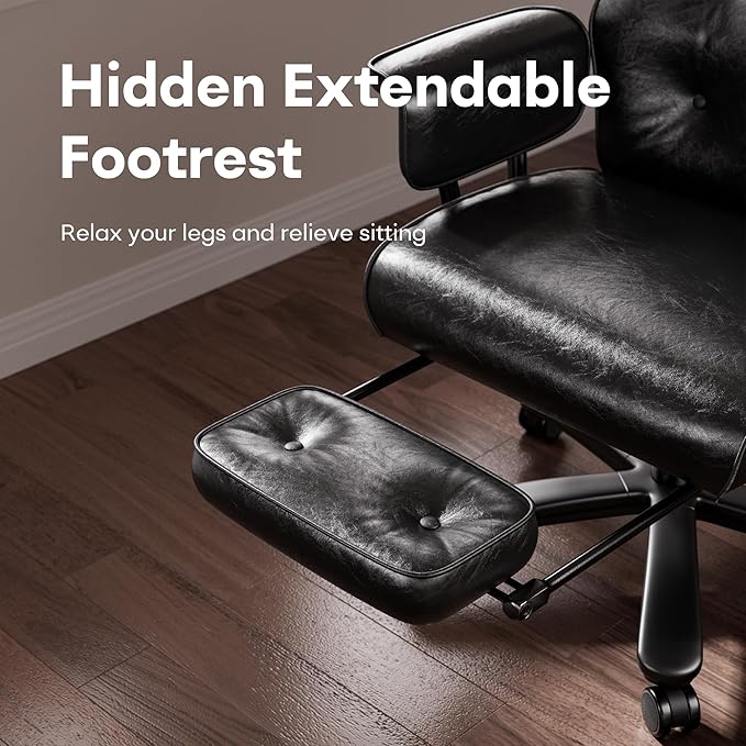 Reclining Office Chair with Footrest, Big and Tall Office Desk Chair 400lbs Wide Seat with Leather, Ergonomic High Back, Button Tufted Vintage Design, Black