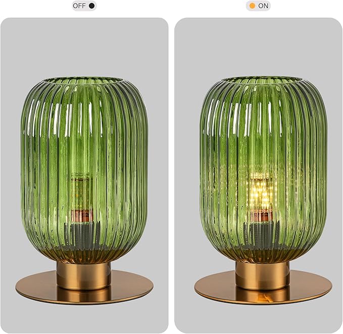 Green Glass Table Lamp, Mid Century Modern Table Lamp Vintage Gold Bedside Lamp with Brass Metal Base, Decorative Desk Lamp Small Boho Lamps for Bedroom Nightstand Living Room Office