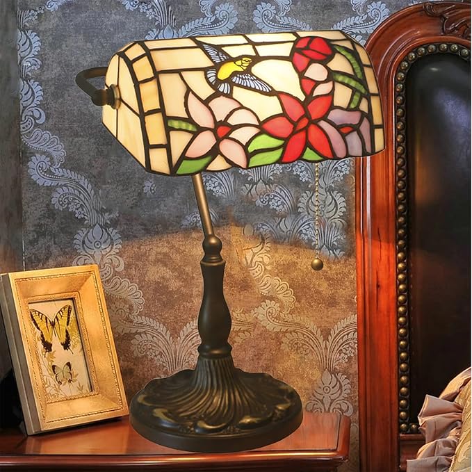 Tiffany Style Stained Glass Bankers Desk Lamp, Rose Flower Pattern, Multicolor, Alloy Base, 10.62" W x 15.35" H