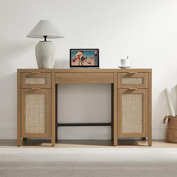 SICOTAS 52" Home Office Desk with Storage - Rattan Executive Desk with 3 Drawers and 2 Cabinets, Farmhouse Boho Larger Computer Writing Table for Study, Office, Living Room, Oak