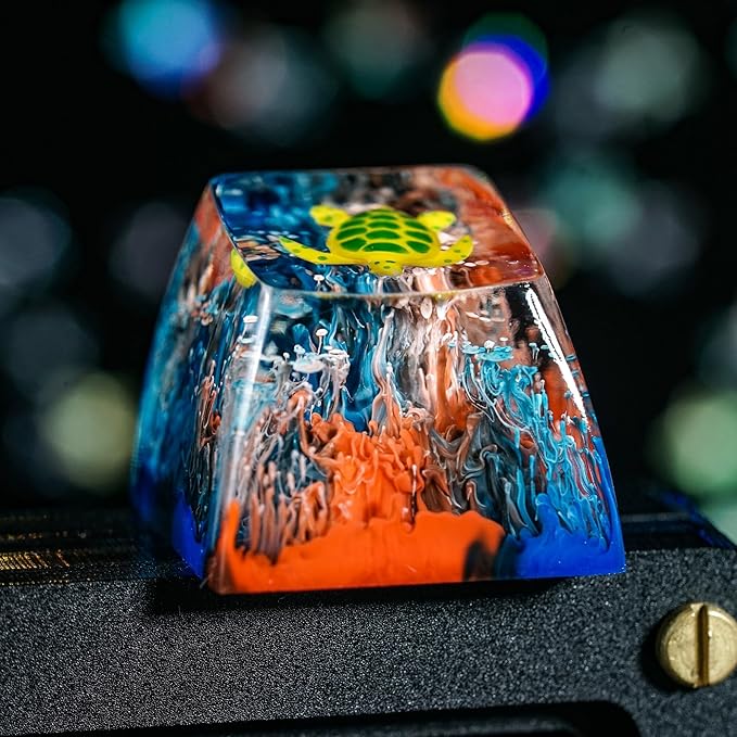 Sea Turtle Artisan Keycap Black and Red Coral Reef R1 SA Profile Custom Sea Creatures Keycaps 1U ESC Handmade Gaming Resin Key Cap Cherry MX Switch Compatible Mechanical Keyboard Turtle Lover Gift