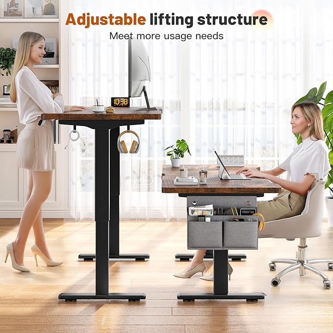 EnHomee 48 Inch Electric Standing Desk, 3 Adjustable Height Stand up Desk for Home Office, Height Adjustable Desks with Detachable Side Mount Pocket, Headphone Hook, Light Strip, Computer Desk, Brown