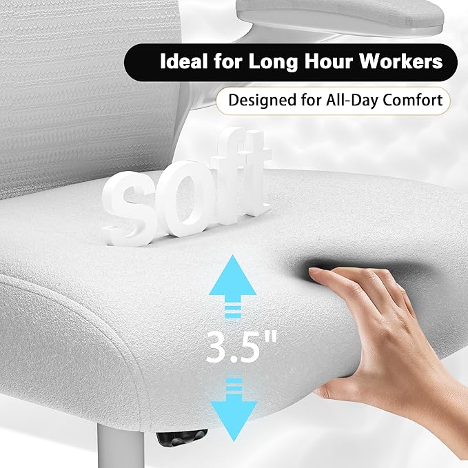 Office Chair for Back & Neck Pain Relief, Virgin Foam Seat, 2D Adjustable Lumbar & 3D Headrest, Flip-Up Armrests, Tilt & Rock for Relaxation, White/Gold
