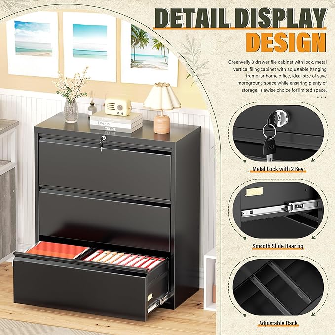 Greenvelly Lateral File Cabinet 3 Drawer, Lockable Metal Filing Cabinet for Home Office, Black Metal File Cabinet with Lock for Legal/Letter/A4/F4 Size with Hanging Bars&Key